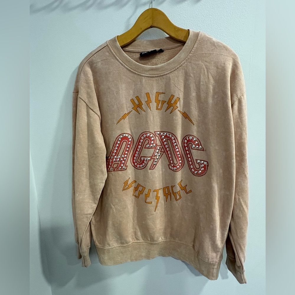 AC/DC Peach Tan High Voltage Studded Graphic Sweatshirt